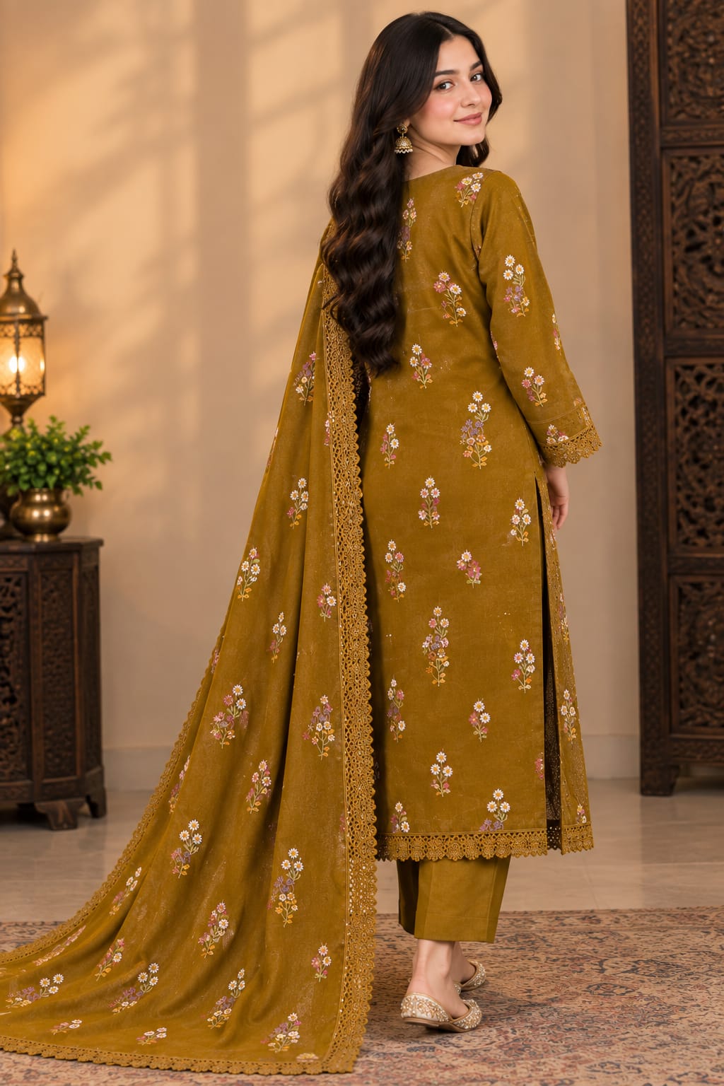 Aneels Olive Green Dhanak  3-Piece Suit