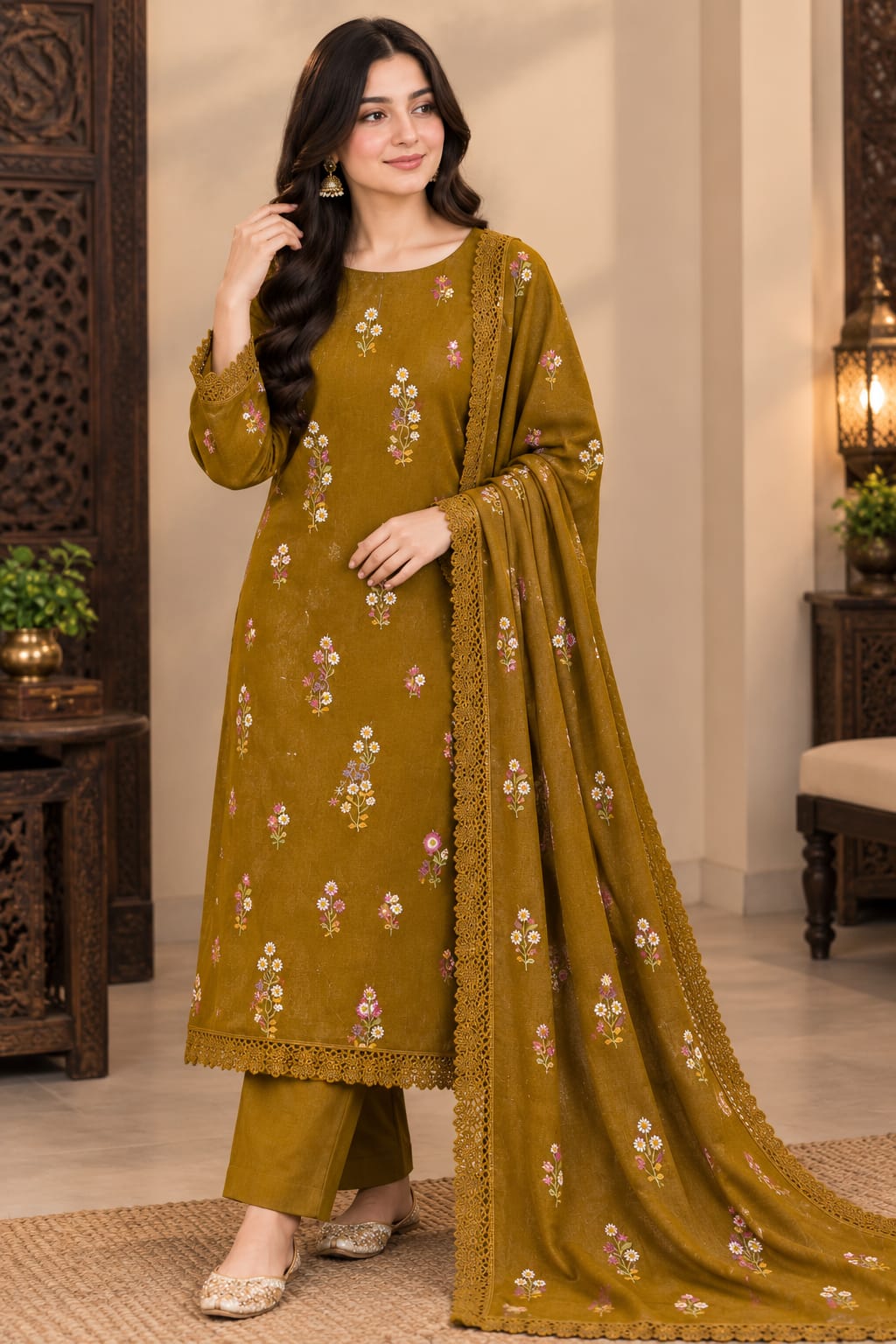Aneels Olive Green Dhanak  3-Piece Suit