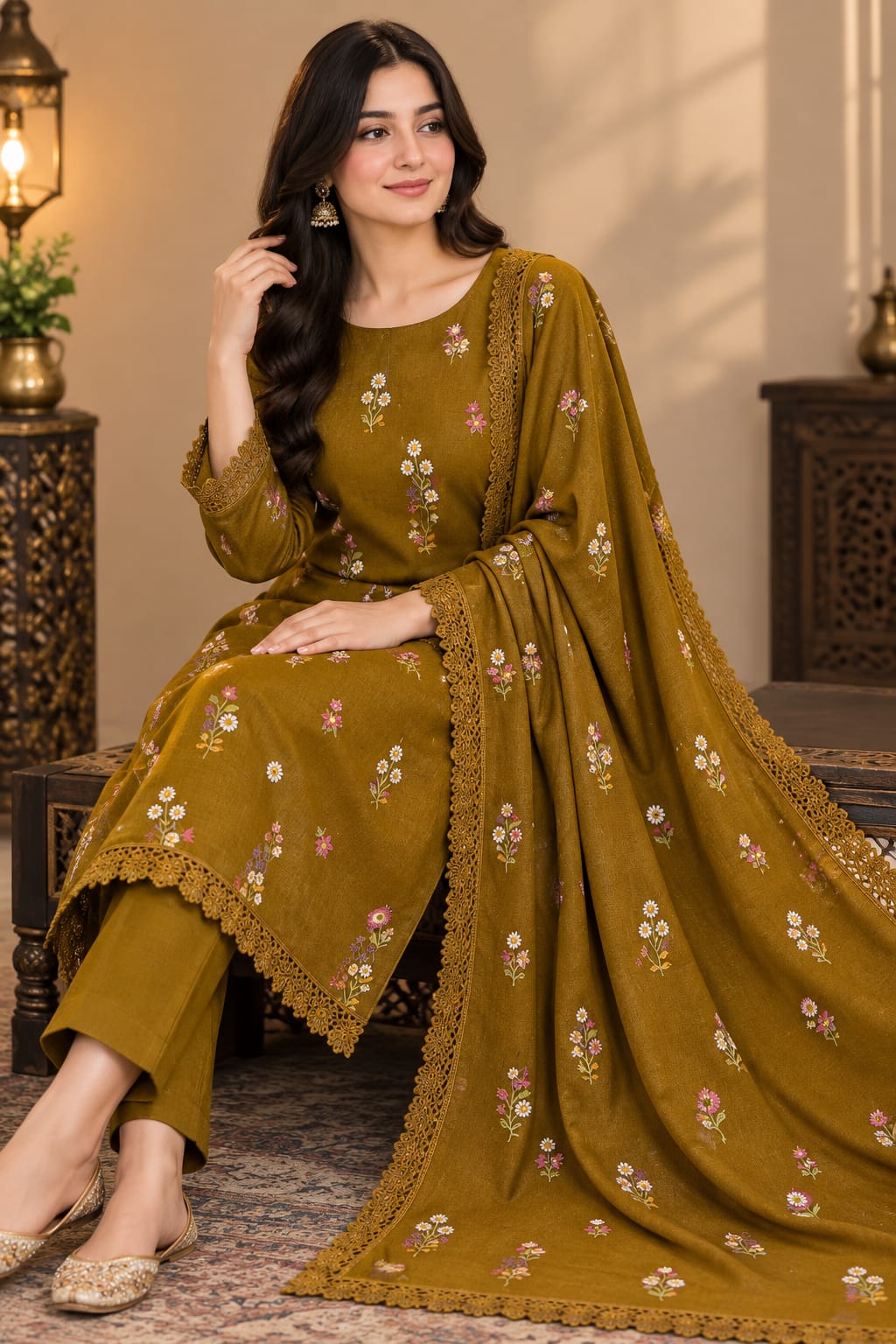 Aneels Olive Green Dhanak  3-Piece Suit