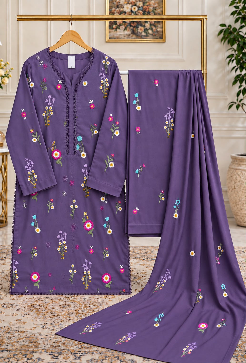 Light Green Dhanak 3-Piece Suit