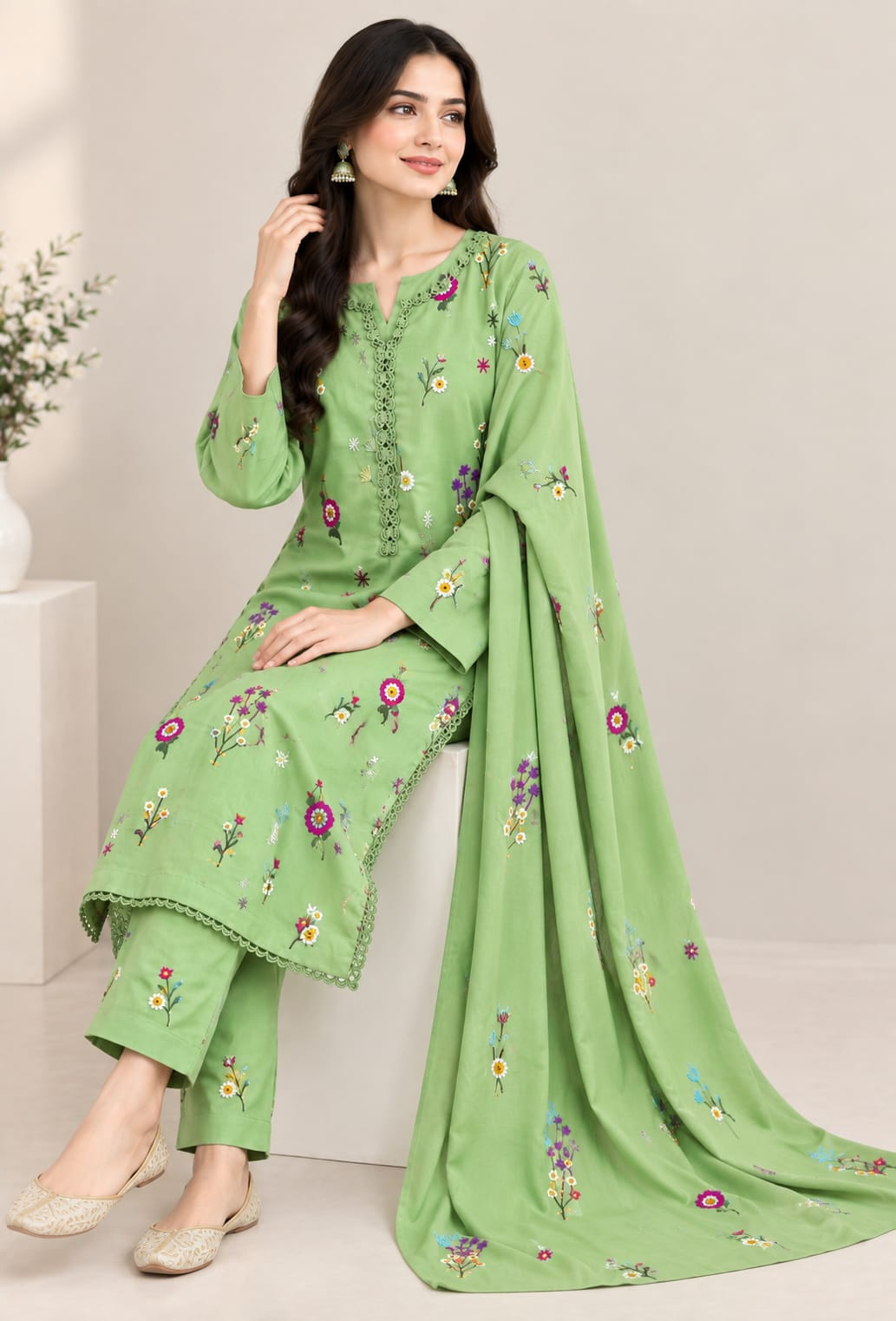 Light Green Dhanak 3-Piece Suit