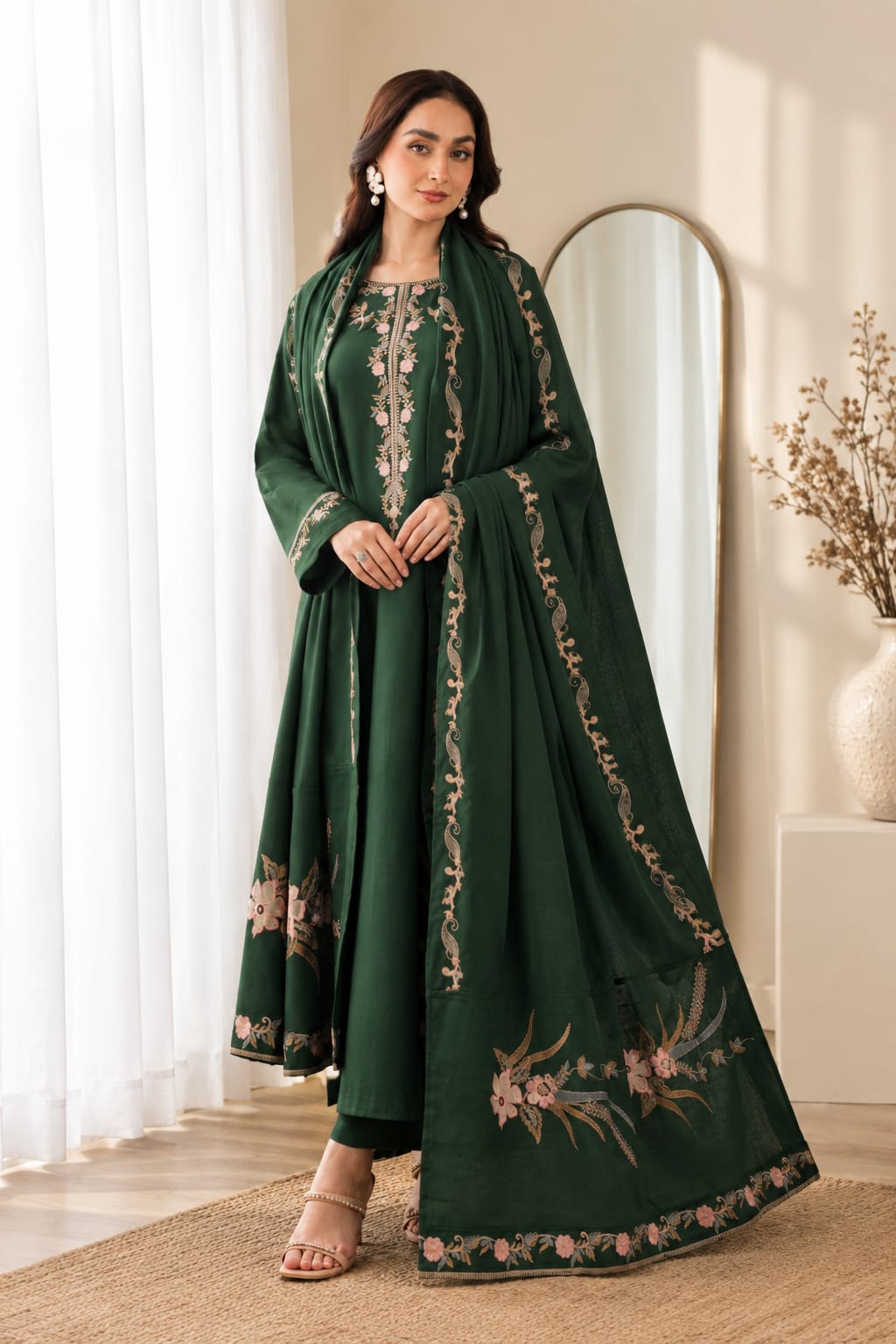 Izel Dark Green Dhanak 3-Piece Suit