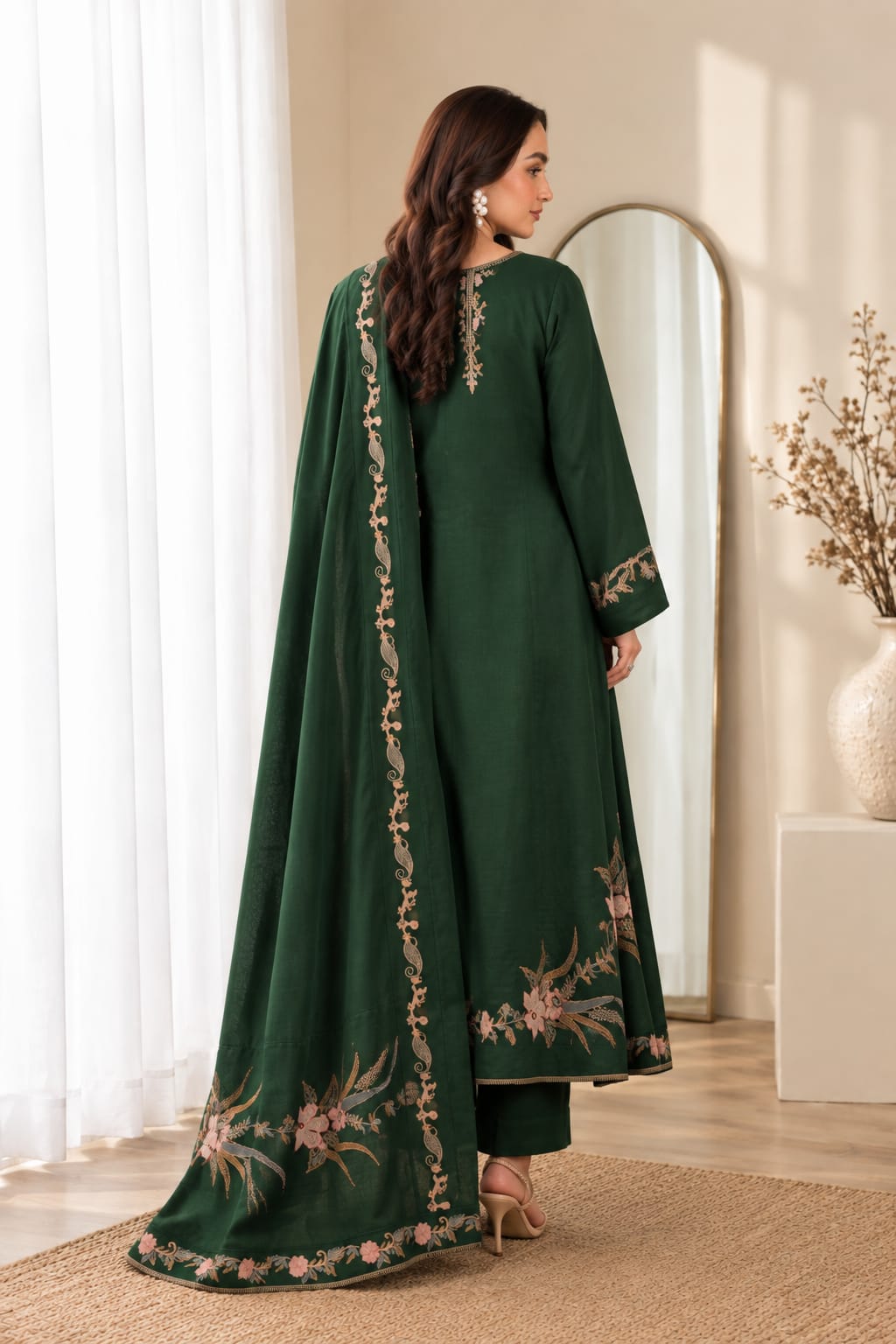 Izel Dark Green Dhanak 3-Piece Suit