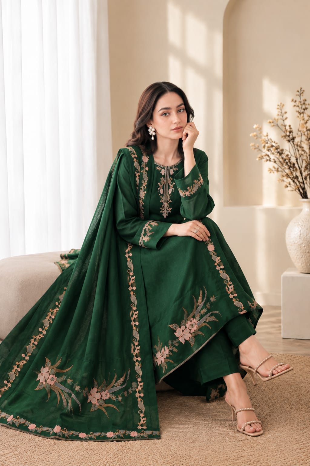Izel Dark Green Dhanak 3-Piece Suit