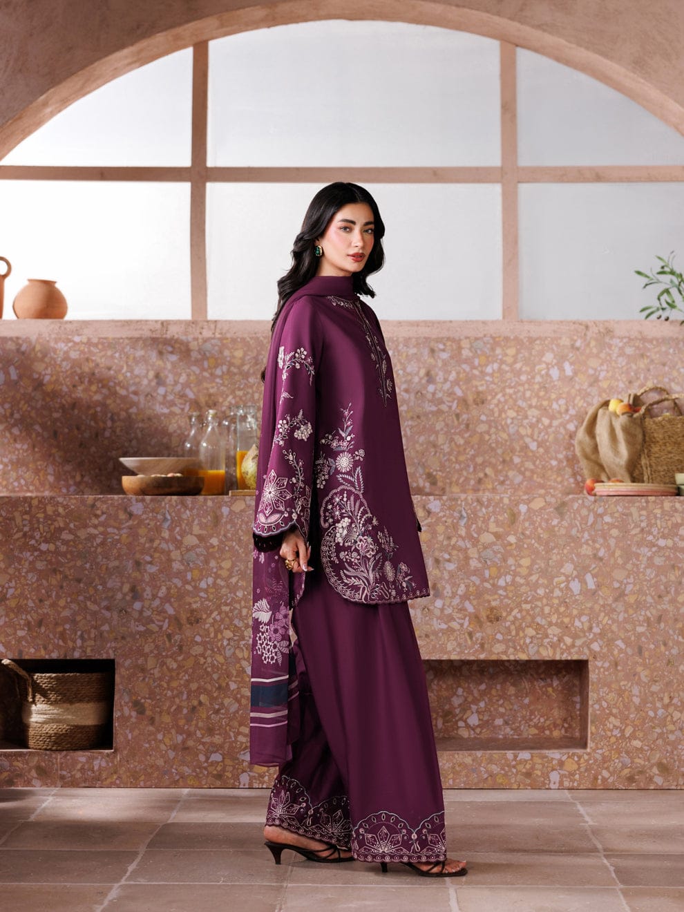 Izel Plum Purple Dhanak 3-Piece Suit