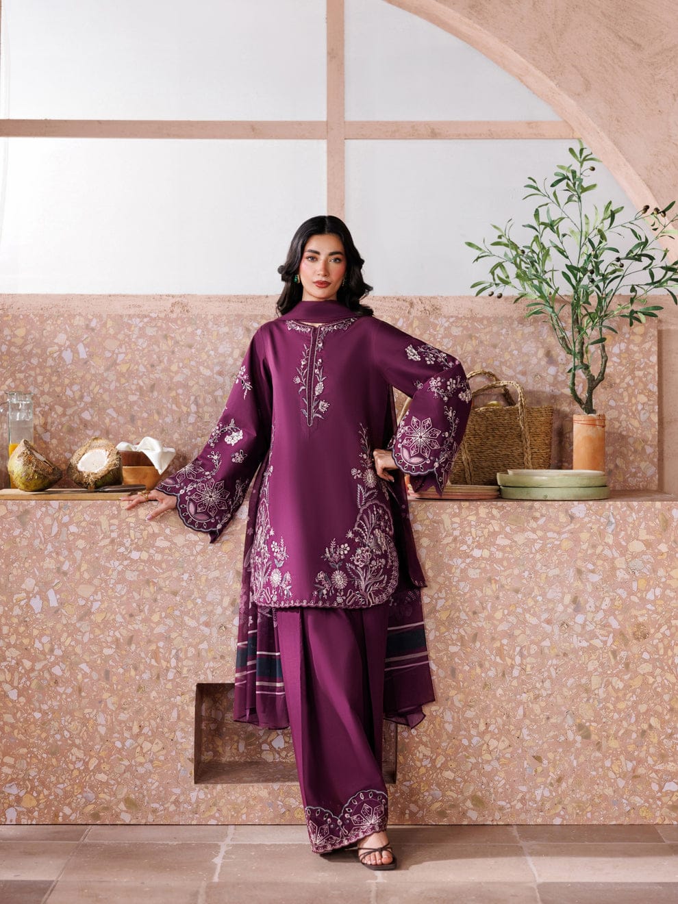 Izel Plum Purple Dhanak 3-Piece Suit