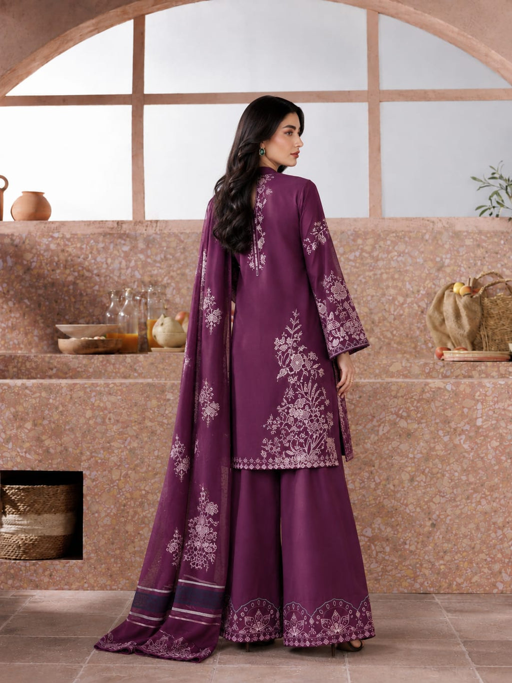 Izel Plum Purple Dhanak 3-Piece Suit