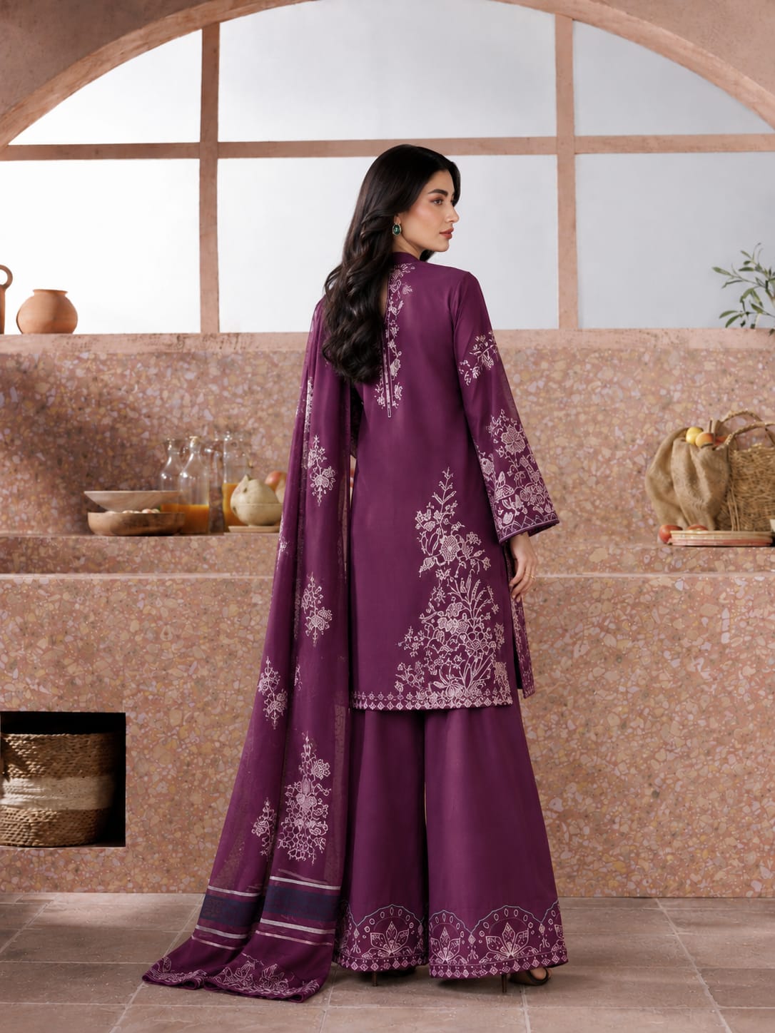 Izel Plum Purple Dhanak 3-Piece Suit