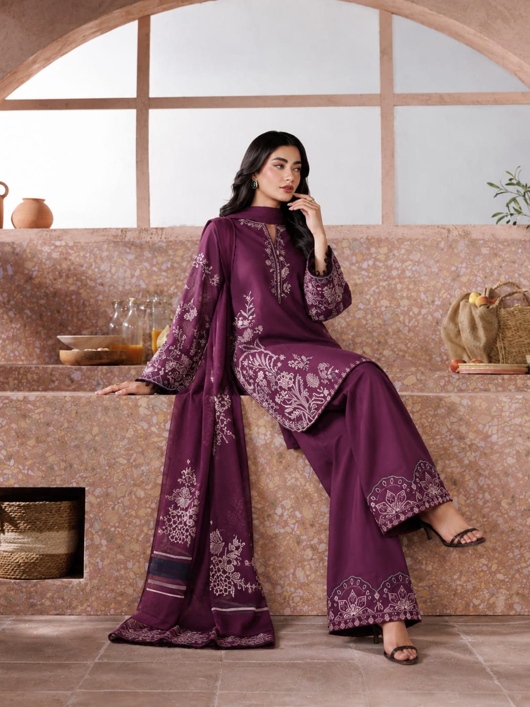 Izel Plum Purple Dhanak 3-Piece Suit