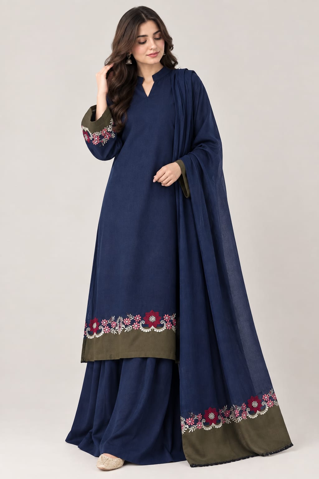 Qaswa Navy Blue Dhanak 3-Piece Suit