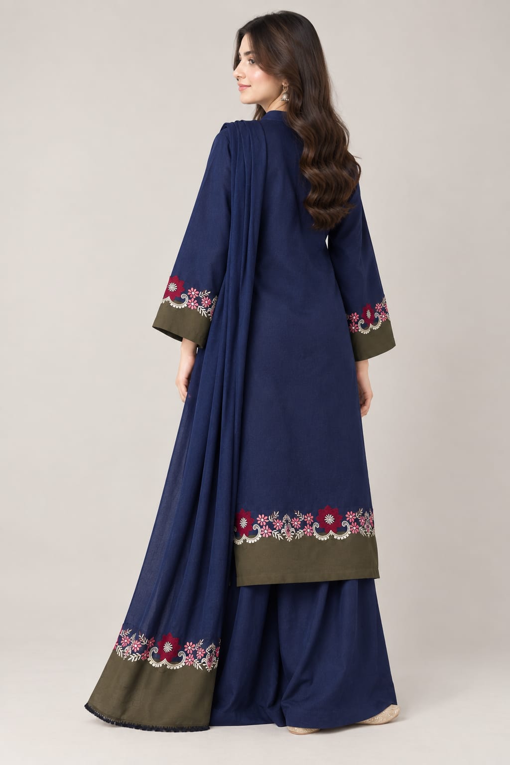 Qaswa Navy Blue Dhanak 3-Piece Suit