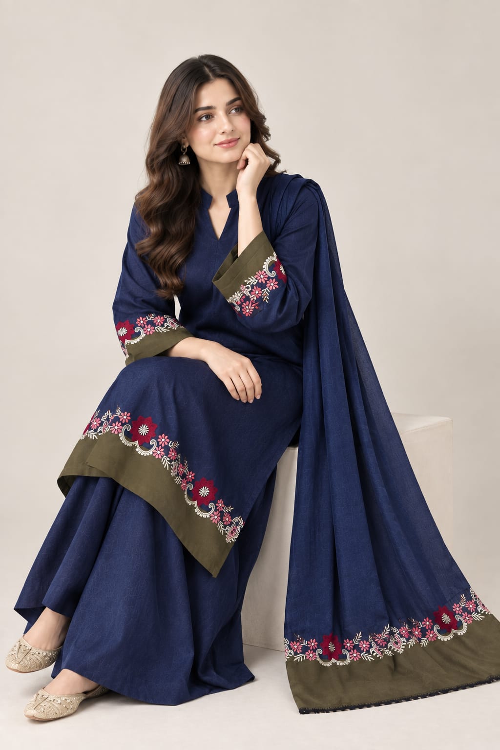 Qaswa Navy Blue Dhanak 3-Piece Suit