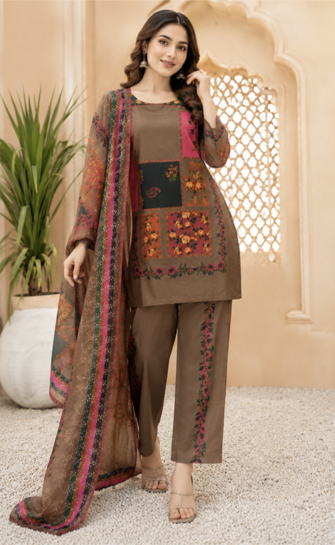 Doria Lawn 3Pc Suit Brown Pink 21" Set