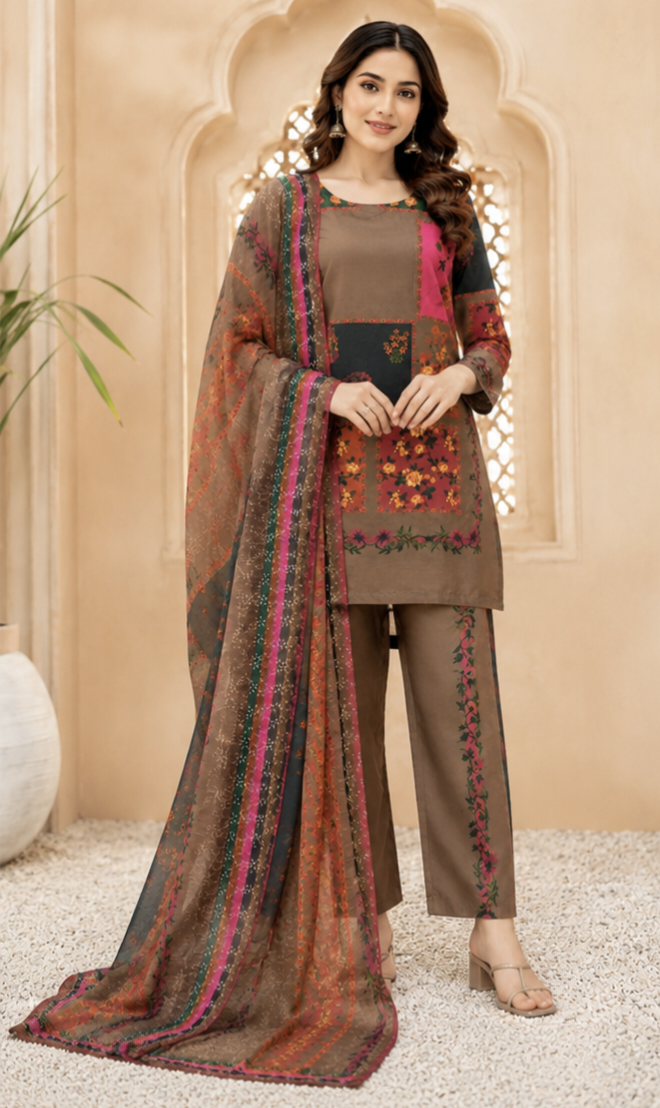 Doria Lawn 3Pc Suit Brown Pink 21" Set