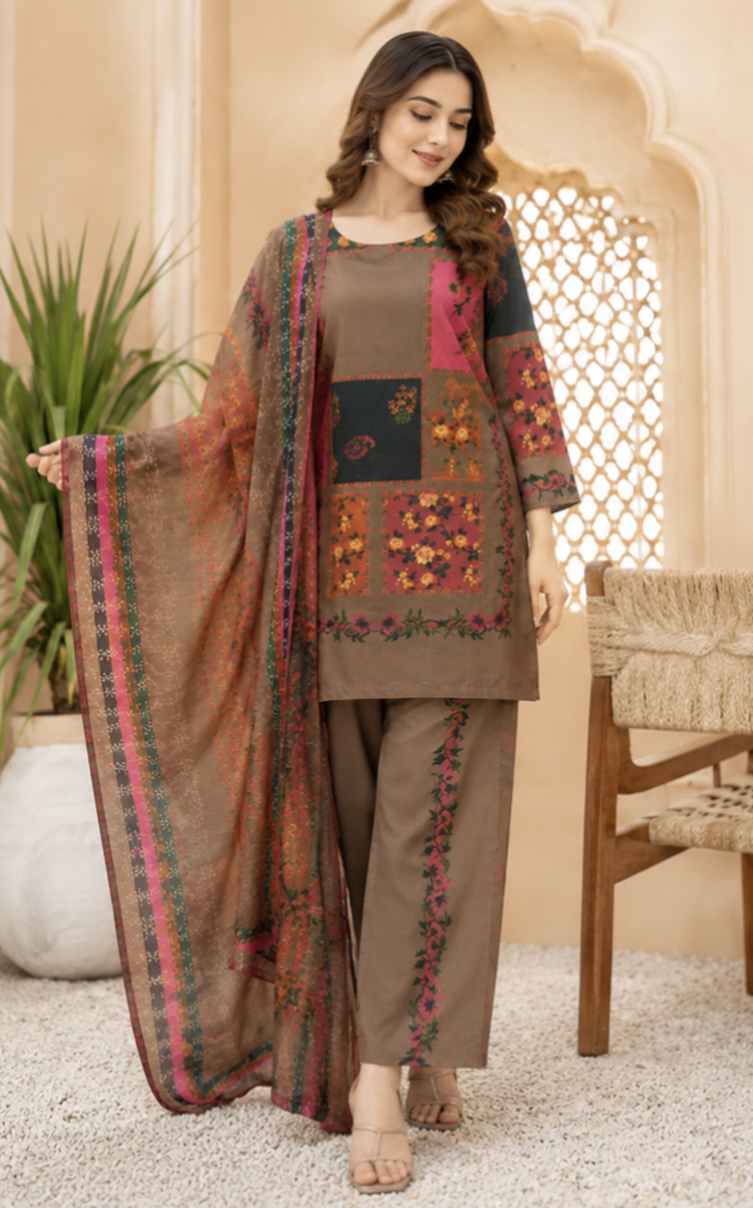 Doria Lawn 3Pc Suit Brown Pink 21" Set
