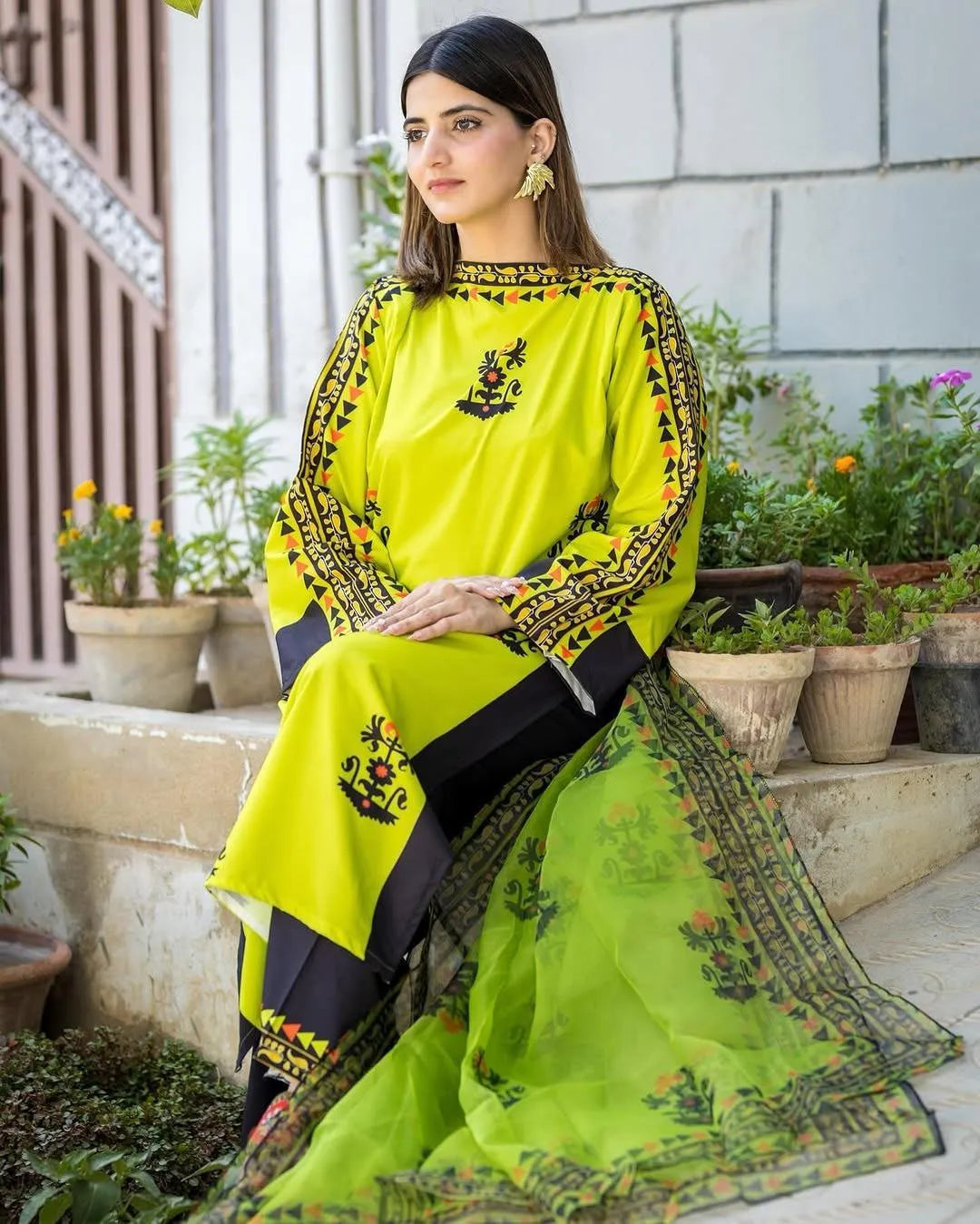 Green Swiss Lawn 3-Piece Wedding Suit with Tribal Prints