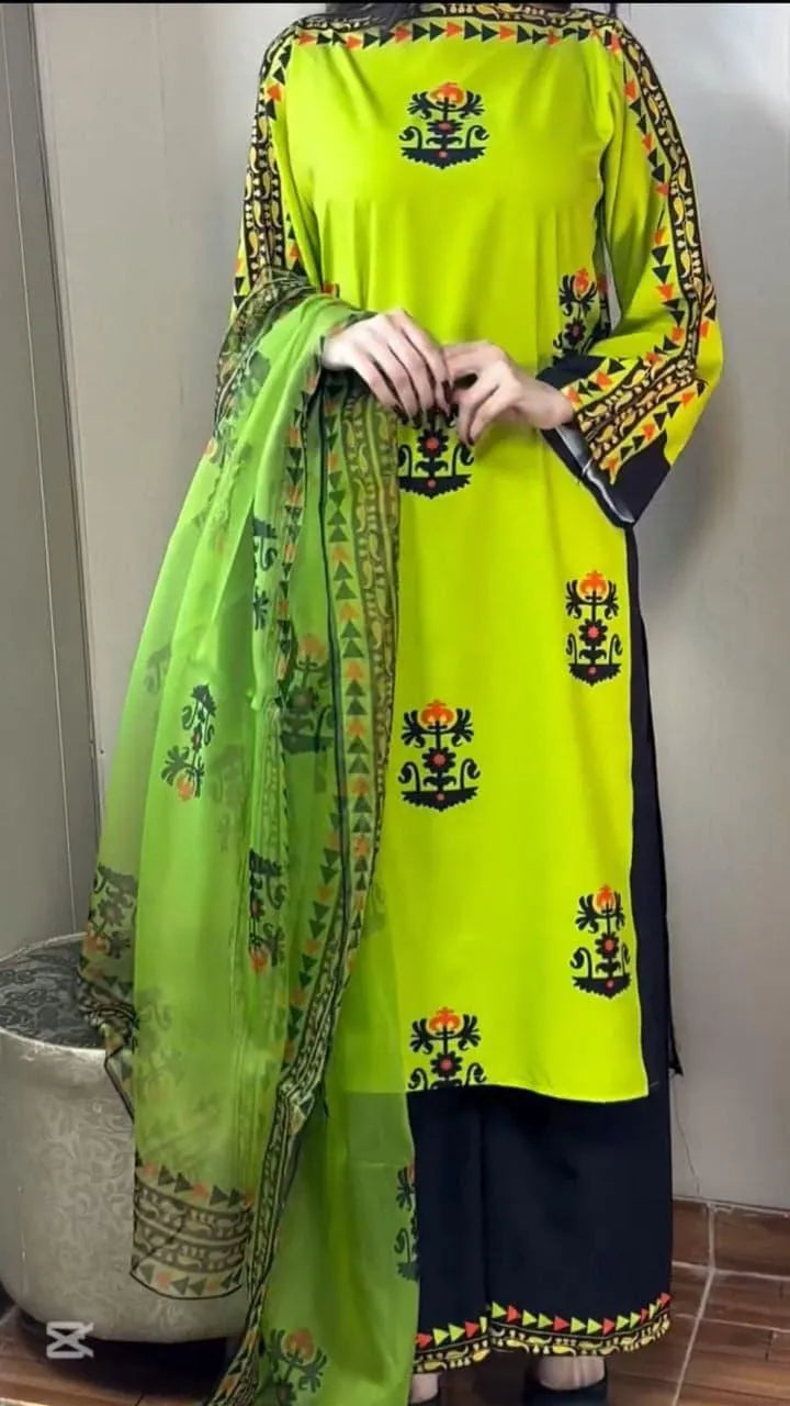 Green Swiss Lawn 3-Piece Wedding Suit with Tribal Prints