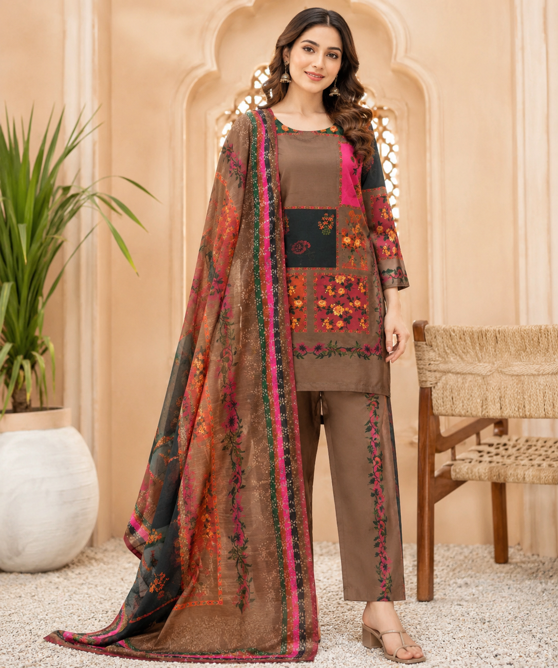 Doria Lawn 3Pc Suit Brown Pink 21" Set